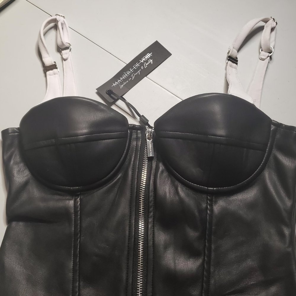MANIERE DE VOIR Black Vegan Leather Bodysuit US 10 NWT - Picture 3 of 12